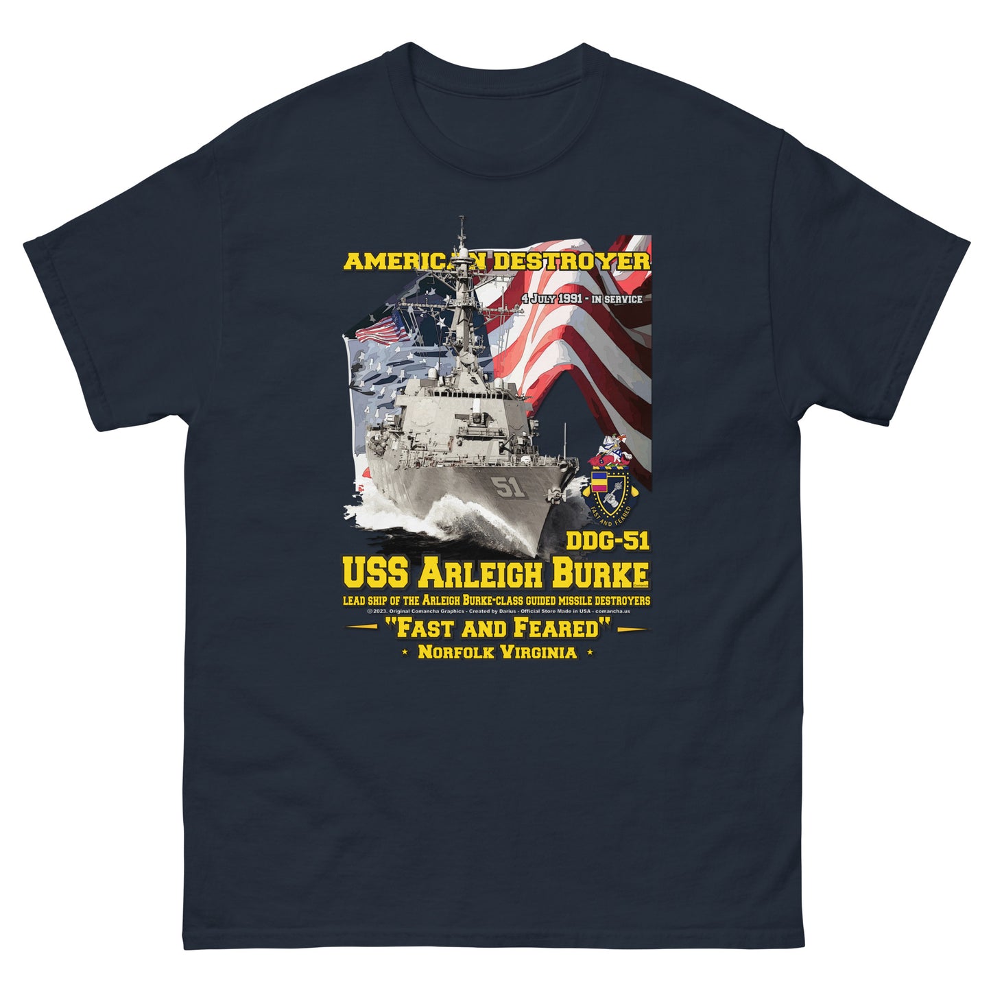 USS ARLEIGH BURKE DDG-51 t-shirt, USS ARLEIGH BURKE DDG-51 Veterans,USS ARLEIGH BURKE DDG-51 Destroyer Tee, Comancha Navy tees, US Navy T-shirt, US Navy veterans T-shirt,