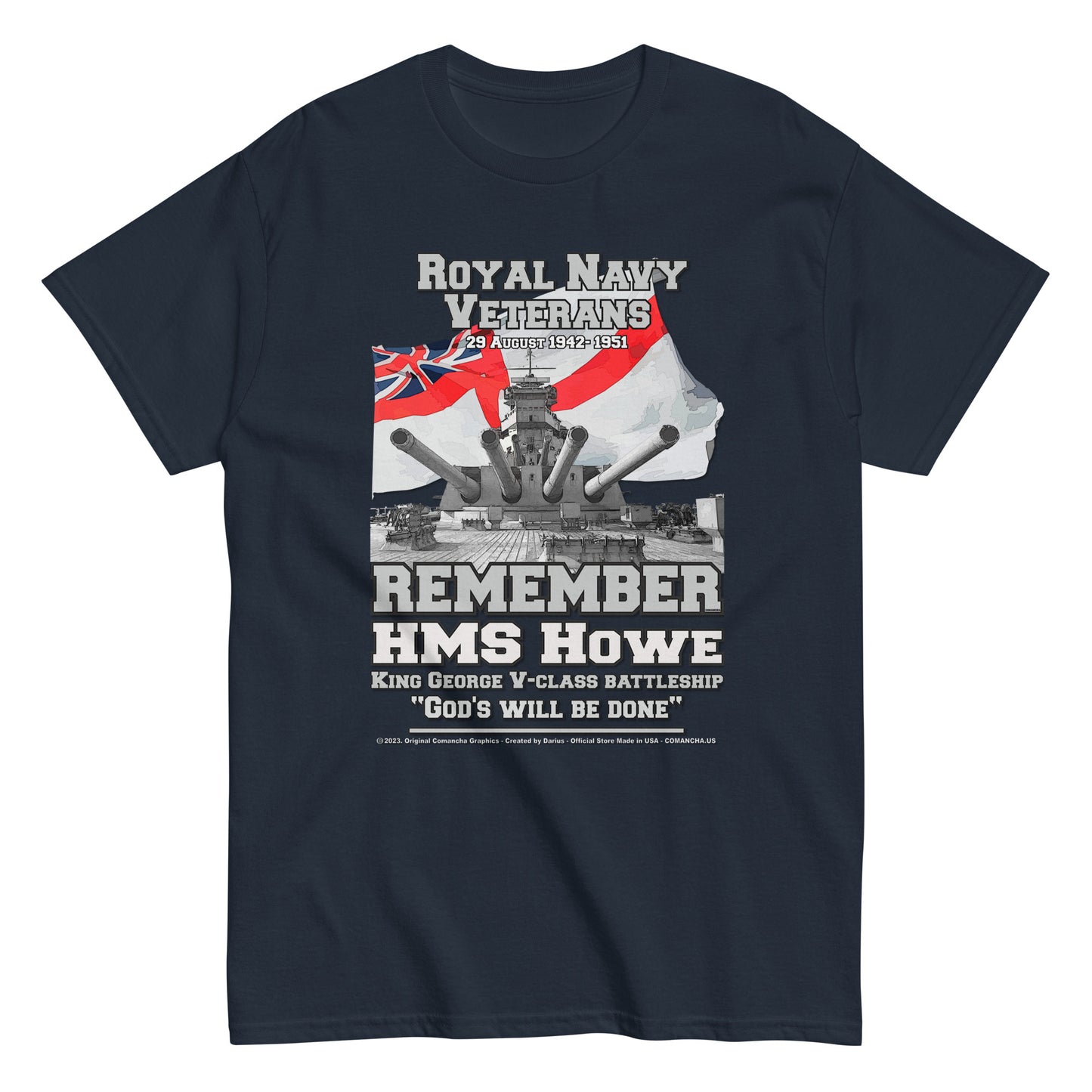 HMS HOWE t-shirt, HMS HOWE battleship t-shirt, HMS HOWE Royal Navy Battleship T-Shirt, HMS HOWE Royal Navy T-Shirt, Comancha Shop Online,