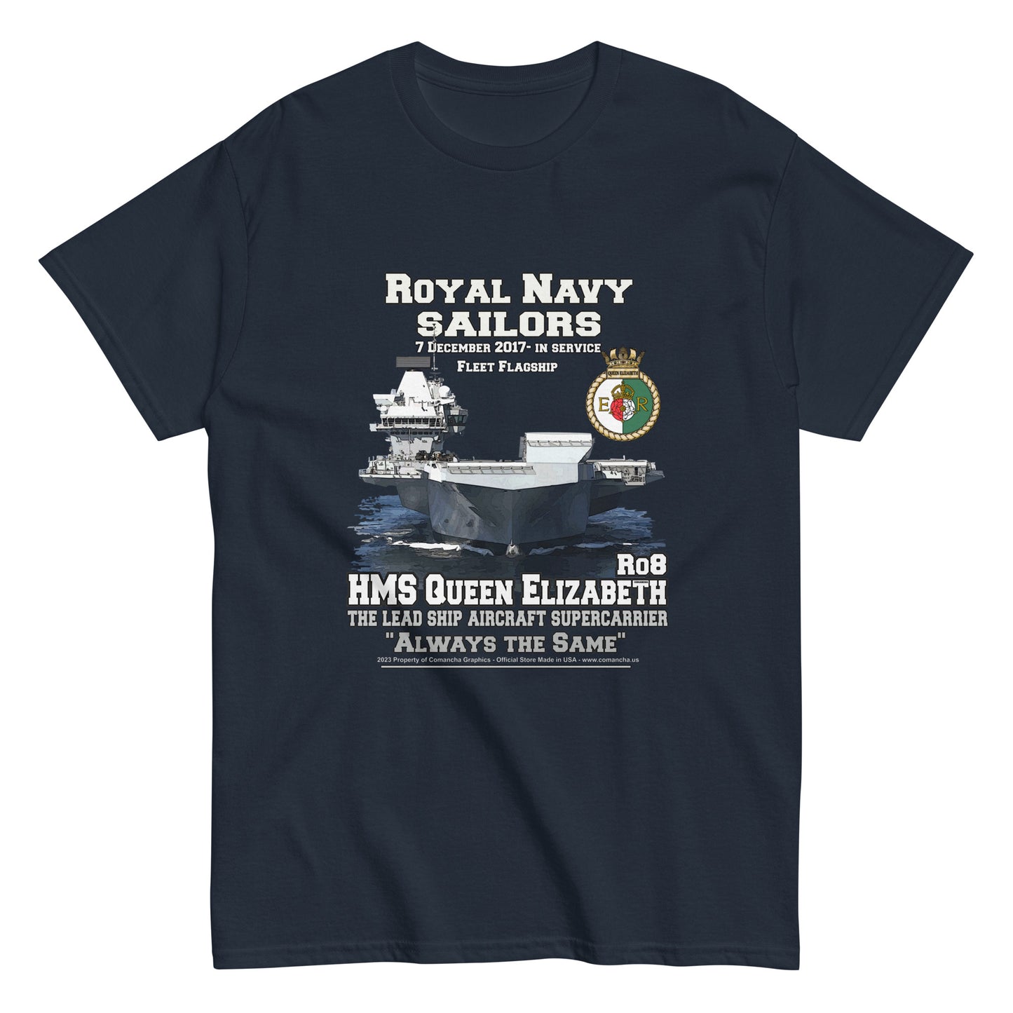 HMS QE2 tee,HMS Queen Elizabeth II veterans tee,HMS Queen Elizabeth II tee,aircraft supercarrier T-shirt, Comancha Graphics,