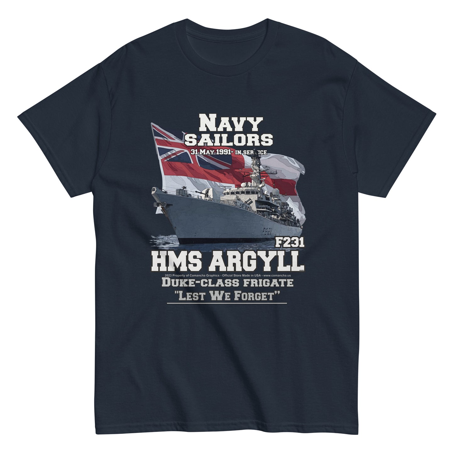 HMS Argyll tee, HMS Argyll veterans tee,HMS Argyll F-231 t-shirt, Frigate T-shirt, Comancha Graphics,