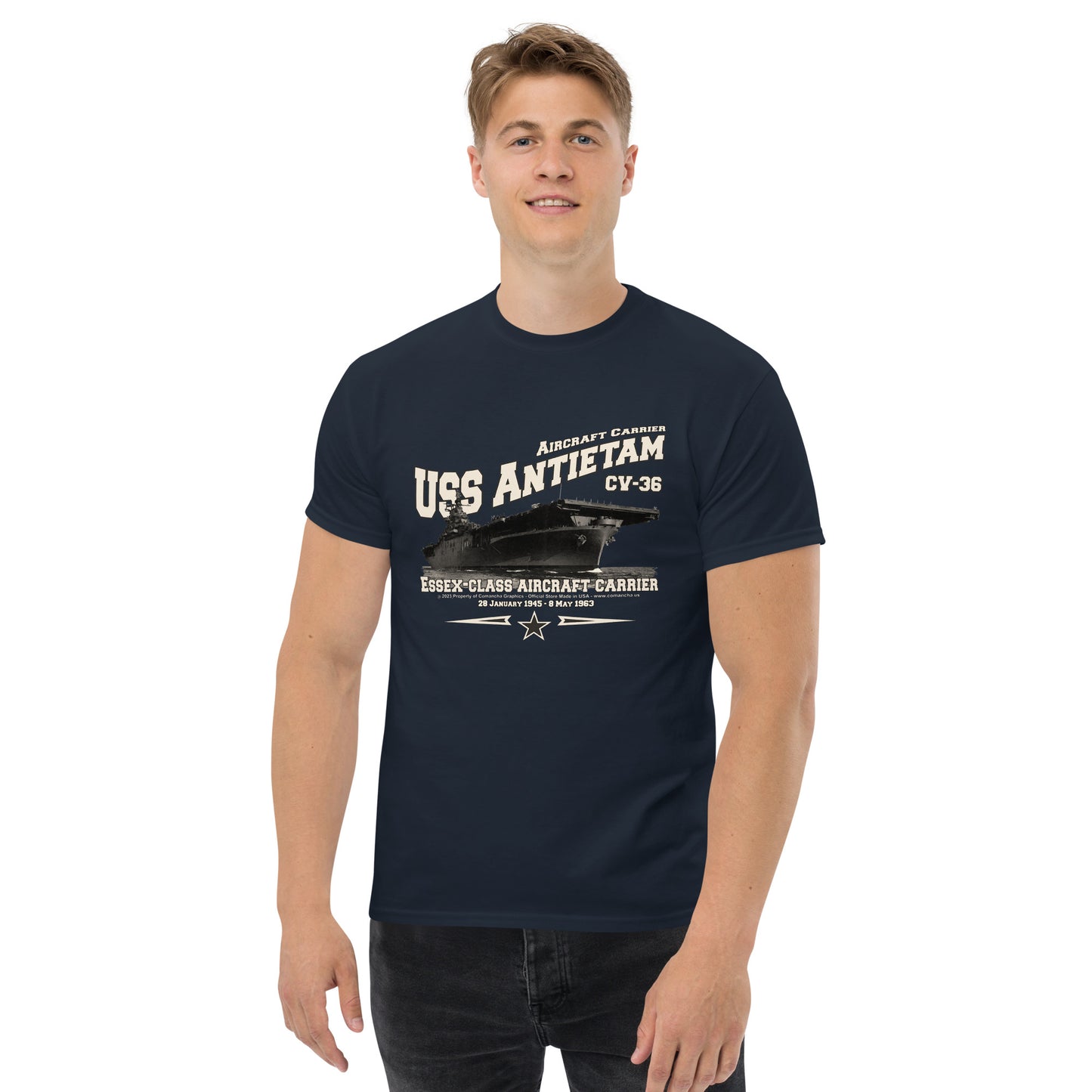 USS ANTIETAM t-shirt, USS ANTIETAM CV-36 t-shirt, aircraft carrier veterans, Original Comancha Graphics,