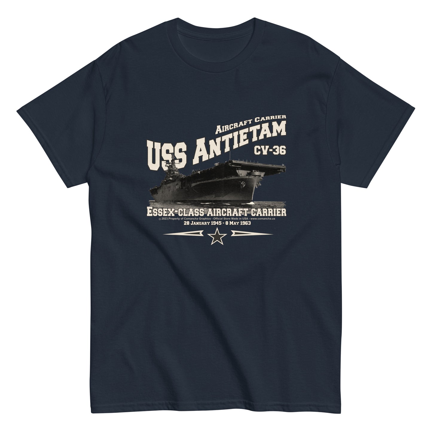 USS ANTIETAM t-shirt, USS ANTIETAM CV-36 t-shirt, aircraft carrier veterans, Original Comancha Graphics,