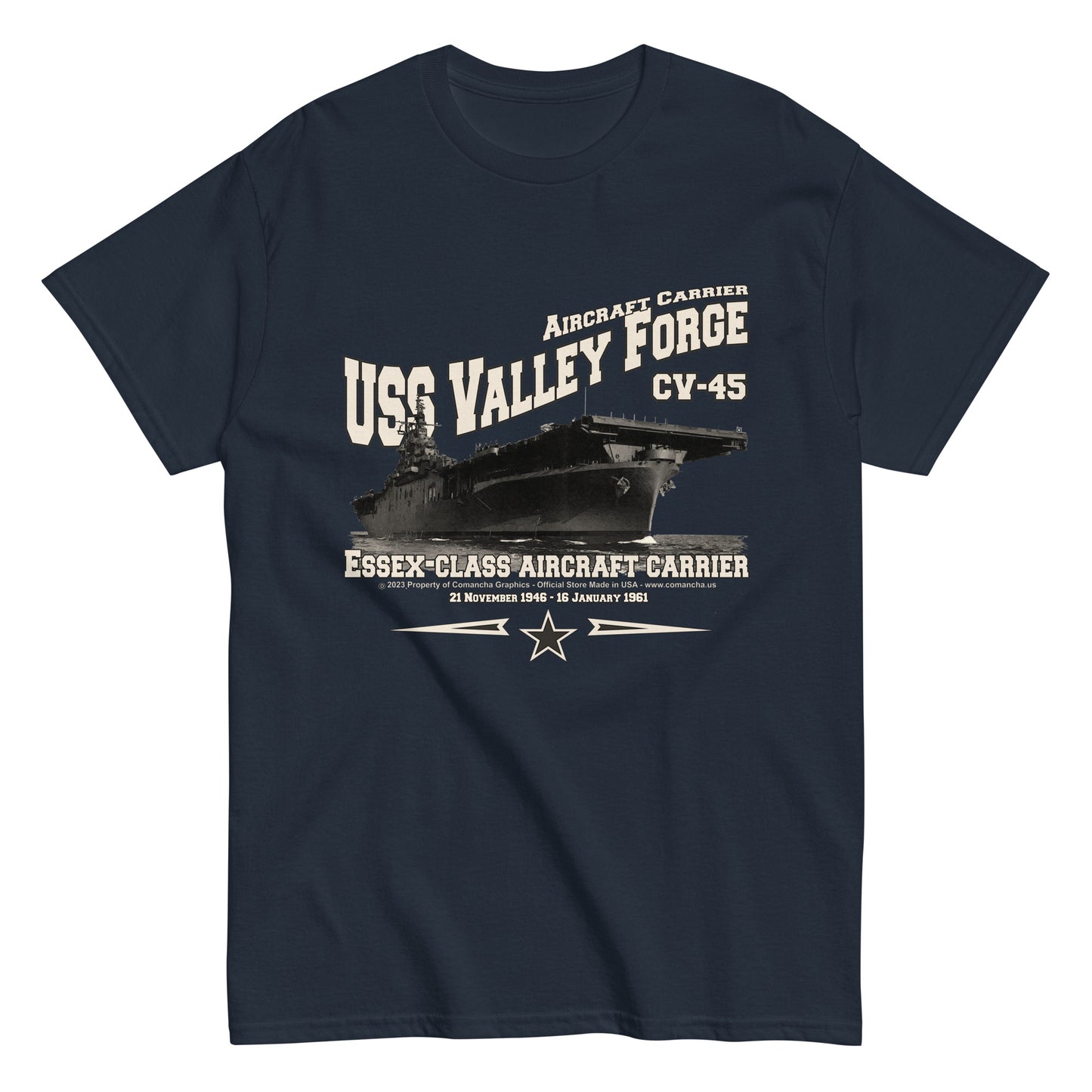 USS VALLEY FORGE t-shirt, USS VALLEY FORGE CV-45 t-shirt, aircraft carrier veterans tee, Original Comancha Graphics,