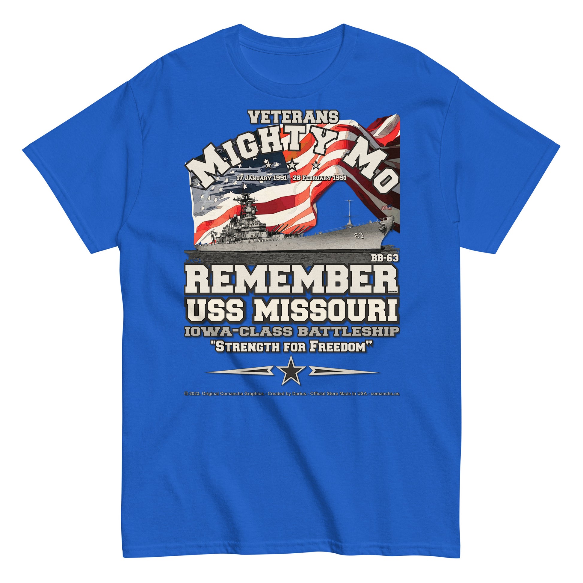 USS Missouri BB-63 US Battleship T-shirt,Mighty Mo veterans, Comancha Design,