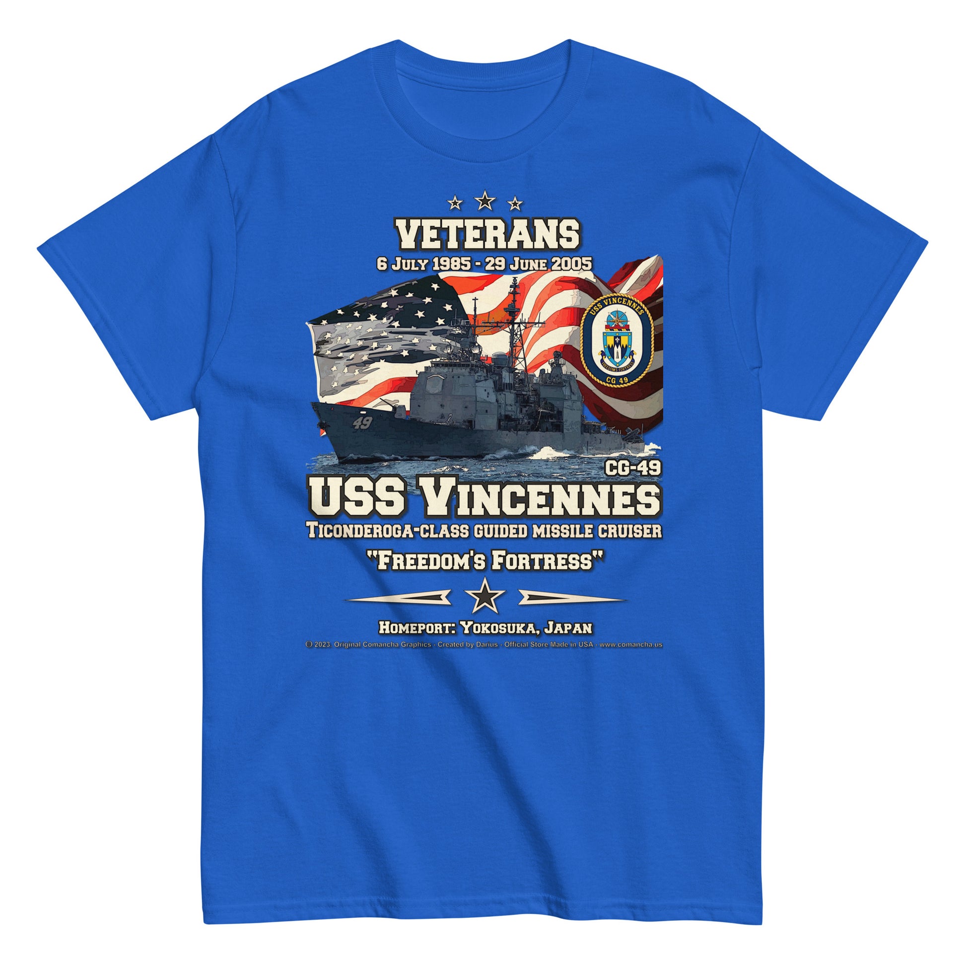 USS VINCENNES CG-49 Missile Cruiser T-shirt, Comancha Design,