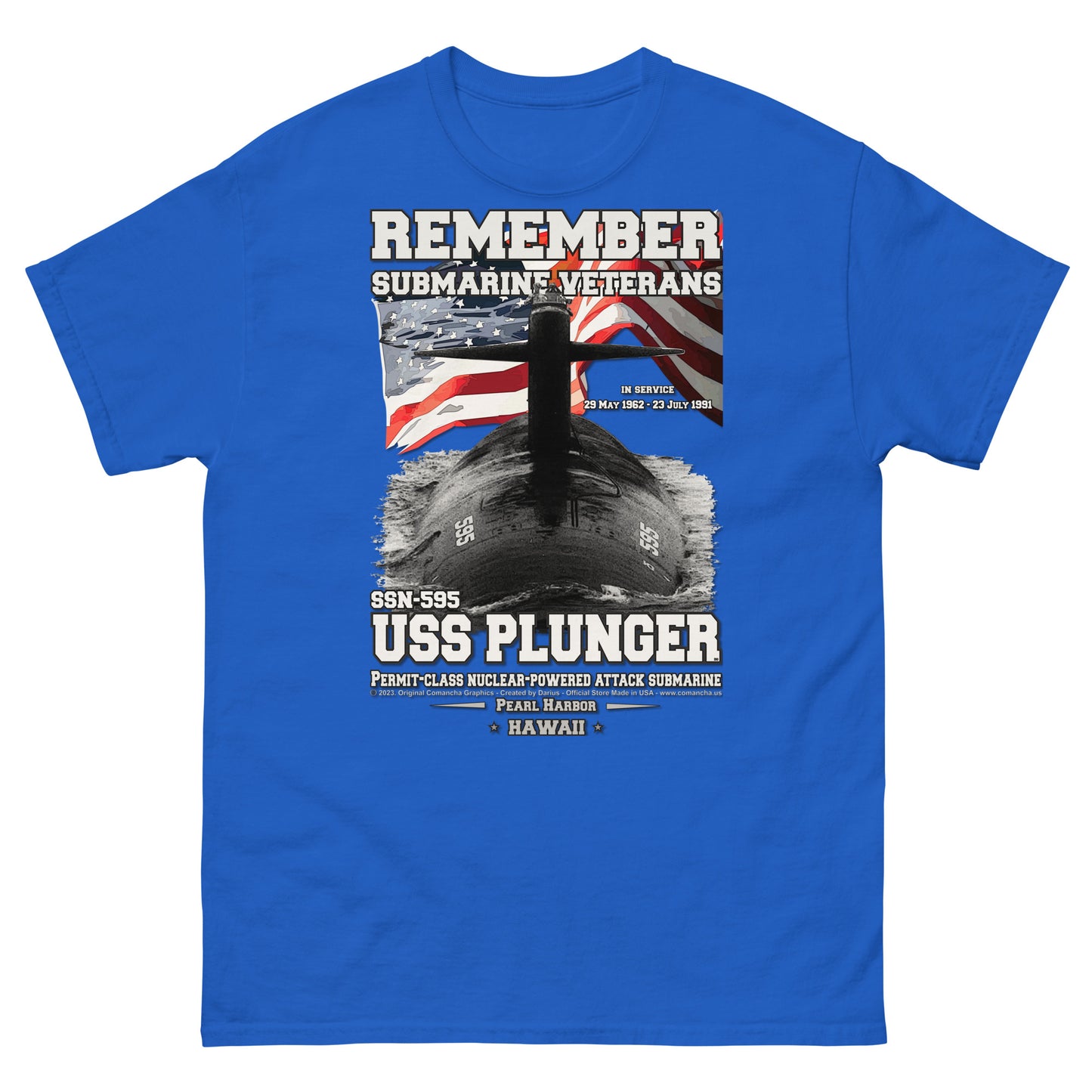 USS PLUNGER SSN-595 Submarine Veterans Classic T-Shirt, Comancha Navy T-shirts,