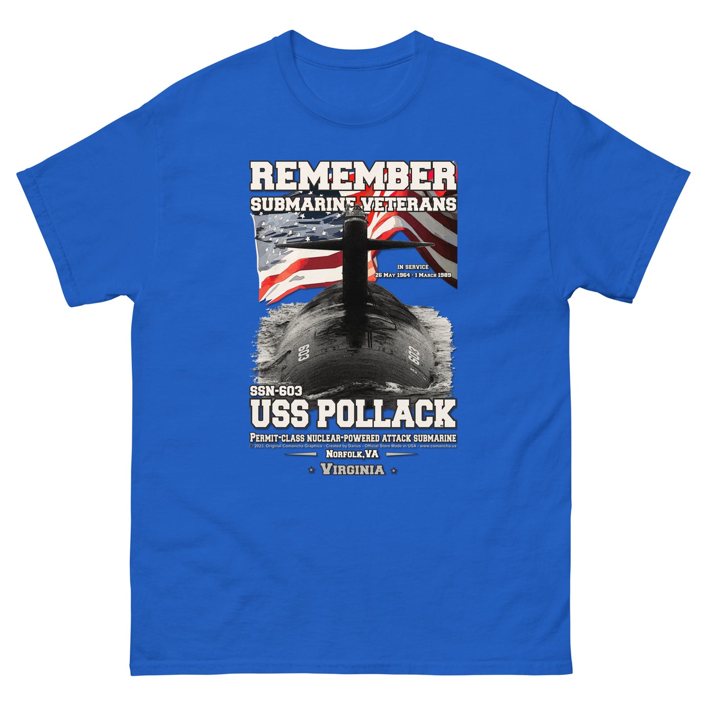 USS POLLACK SSN-603 Submarine Veterans Classic T-Shirt, Comancha Navy Fun T-shirts,