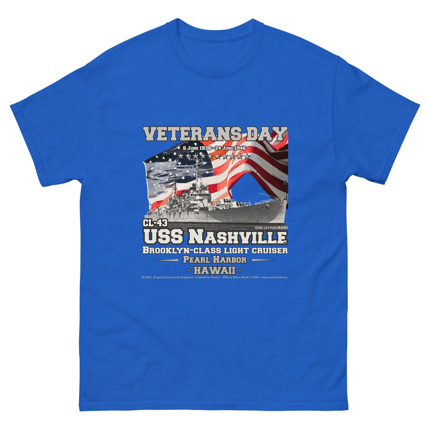 USS NASHVILLE CL-43 Cruiser veterans t-shirt, Comancha,