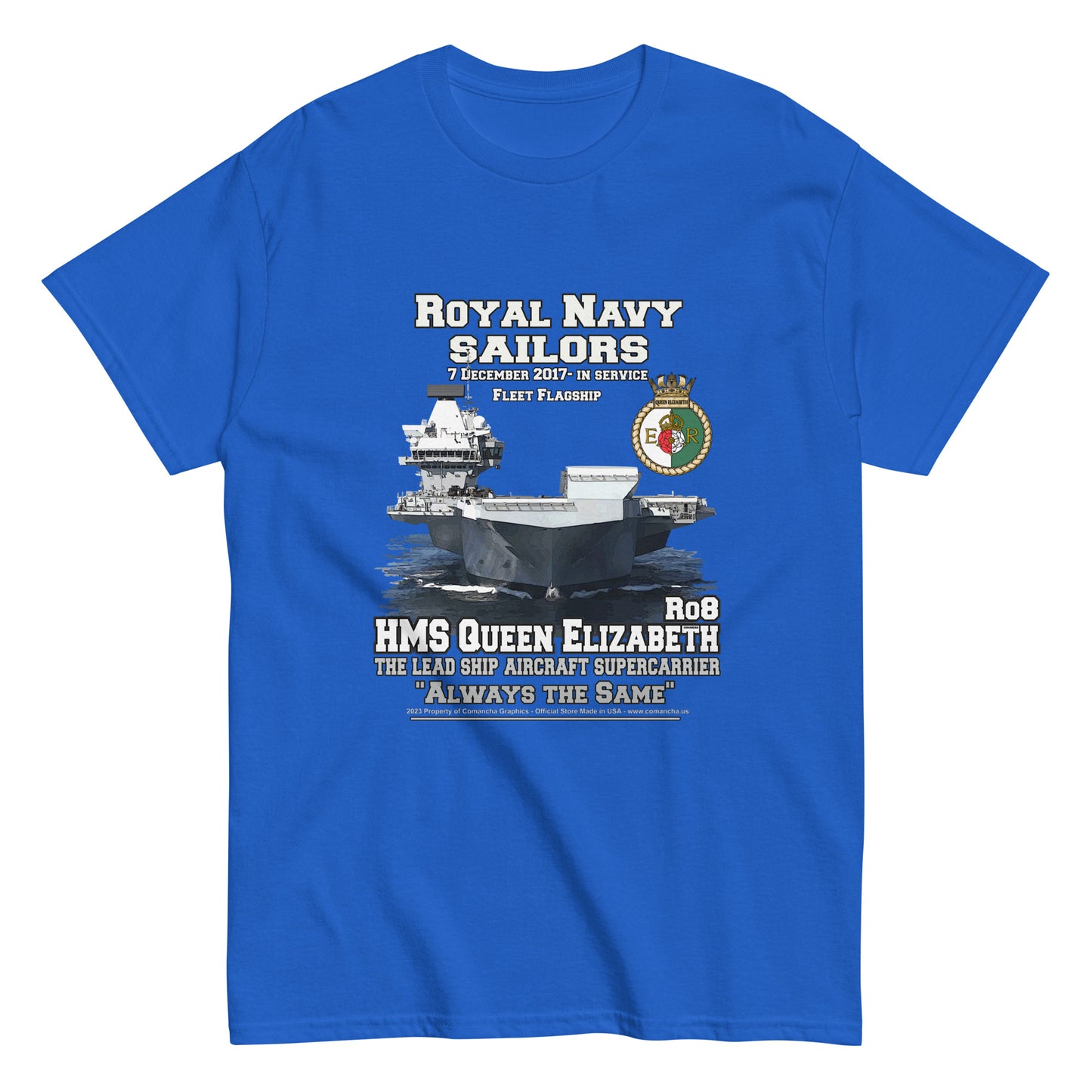 HMS QE2 tee,HMS Queen Elizabeth II veterans tee,HMS Queen Elizabeth II tee,aircraft supercarrier T-shirt, Comancha Graphics,