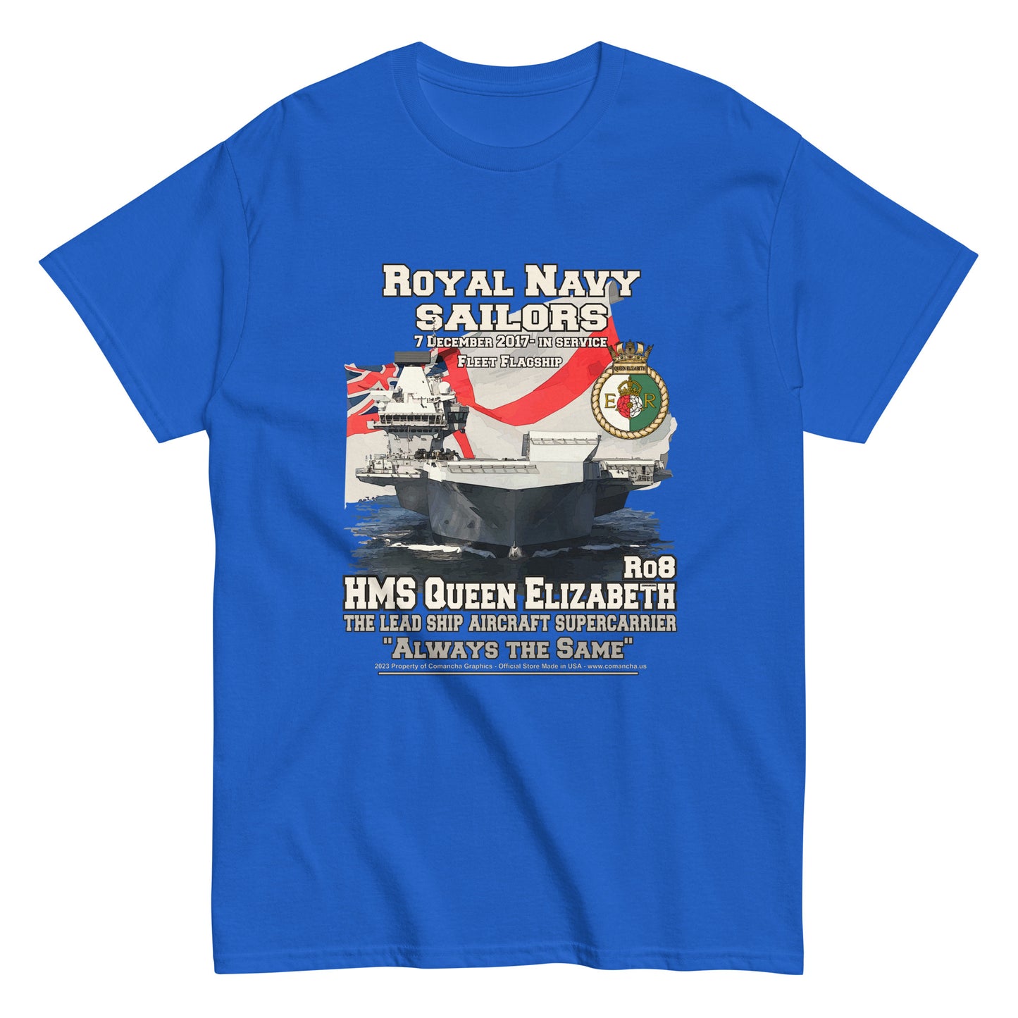 HMS QE2 tee,HMS Queen Elizabeth II veterans tee,HMS Queen Elizabeth II tee,aircraft supercarrier T-shirt, Comancha Graphics,