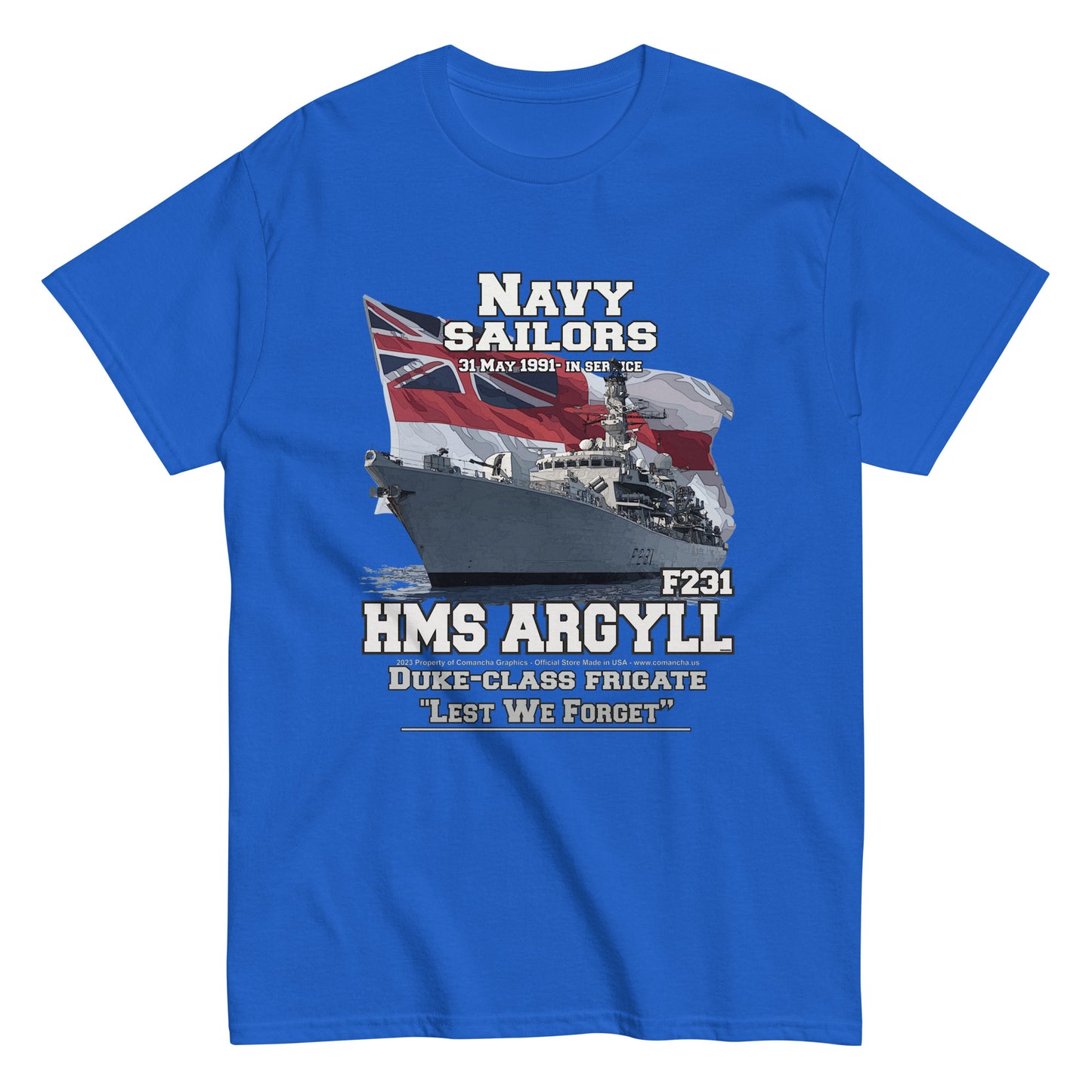 HMS Argyll tee, HMS Argyll veterans tee,HMS Argyll F-231 t-shirt, Frigate T-shirt, Comancha Graphics,