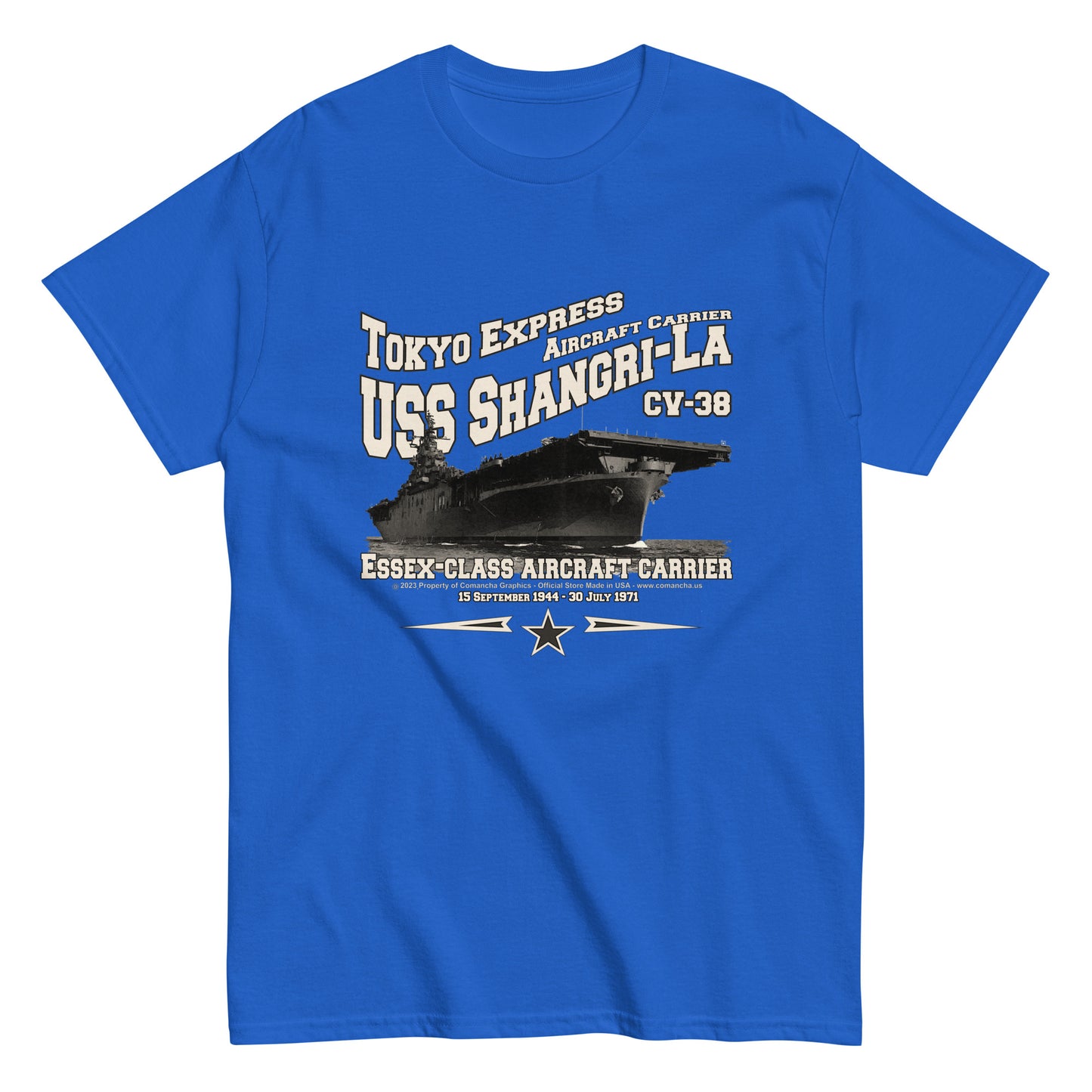 USS SHANGRI LA tee,USS SHANGRI LA CV-38 t-shirt, us navy tee,aircraft carrier veterans T-shirt Property Comancha Graphics,