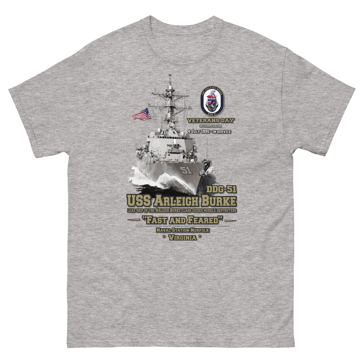 USS ARLEIGH BURKE DDG-51 t-shirt, USS ARLEIGH BURKE DDG-51 Veterans,USS ARLEIGH BURKE DDG-51 Destroyer Tee, Comancha Navy tees, US Navy T-shirt, US Navy veterans T-shirt,