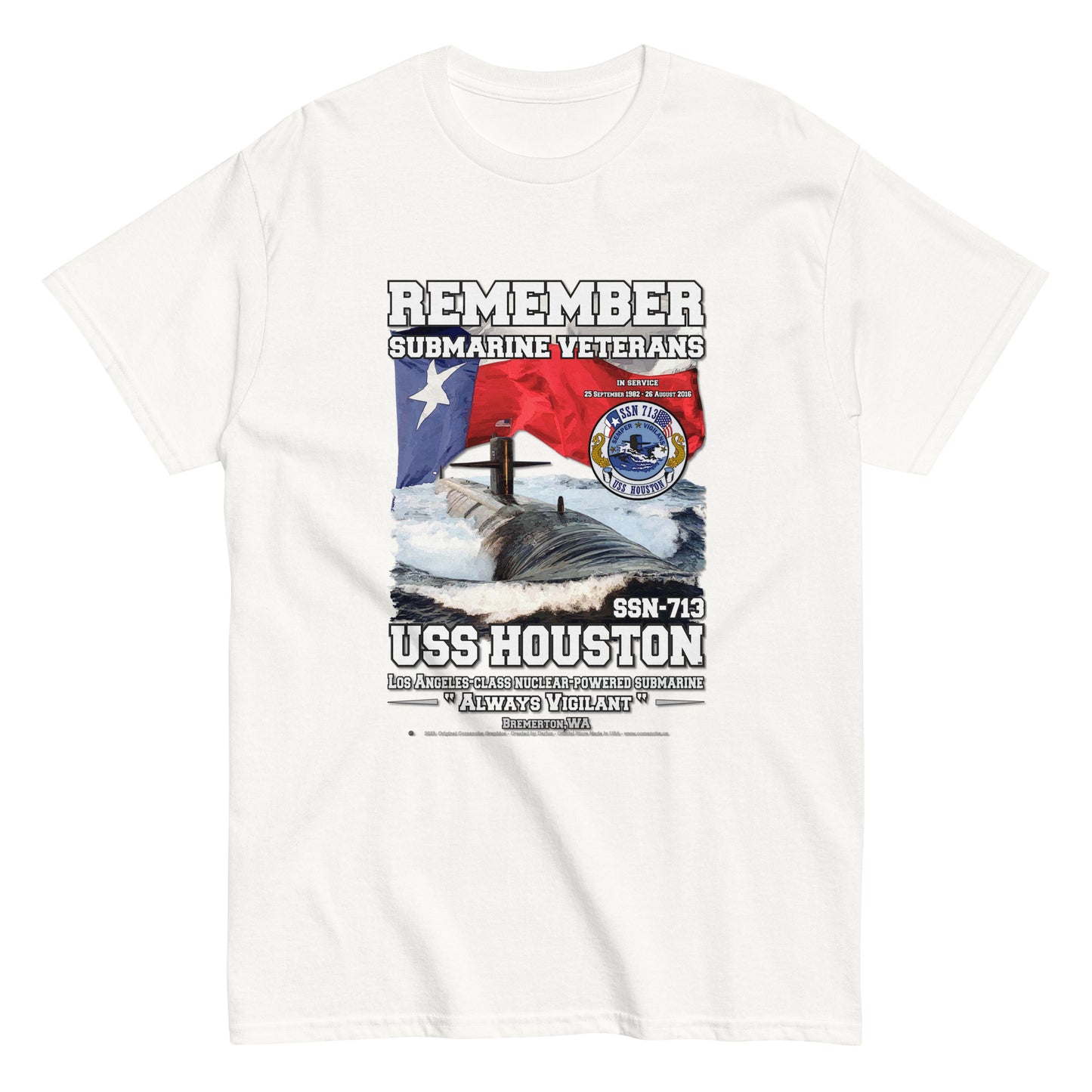 USS HOUSTON SSN-713 t-shirt, US NAVY Submarine T-Shirt, Submarine veterans T-shirts, Submarine Veterans Classic T-shirt, Comancha T-shirts,USS HOUSTON SSN-713 Submarine Veterans Classic T-shirt,Comancha US Navy Tees,