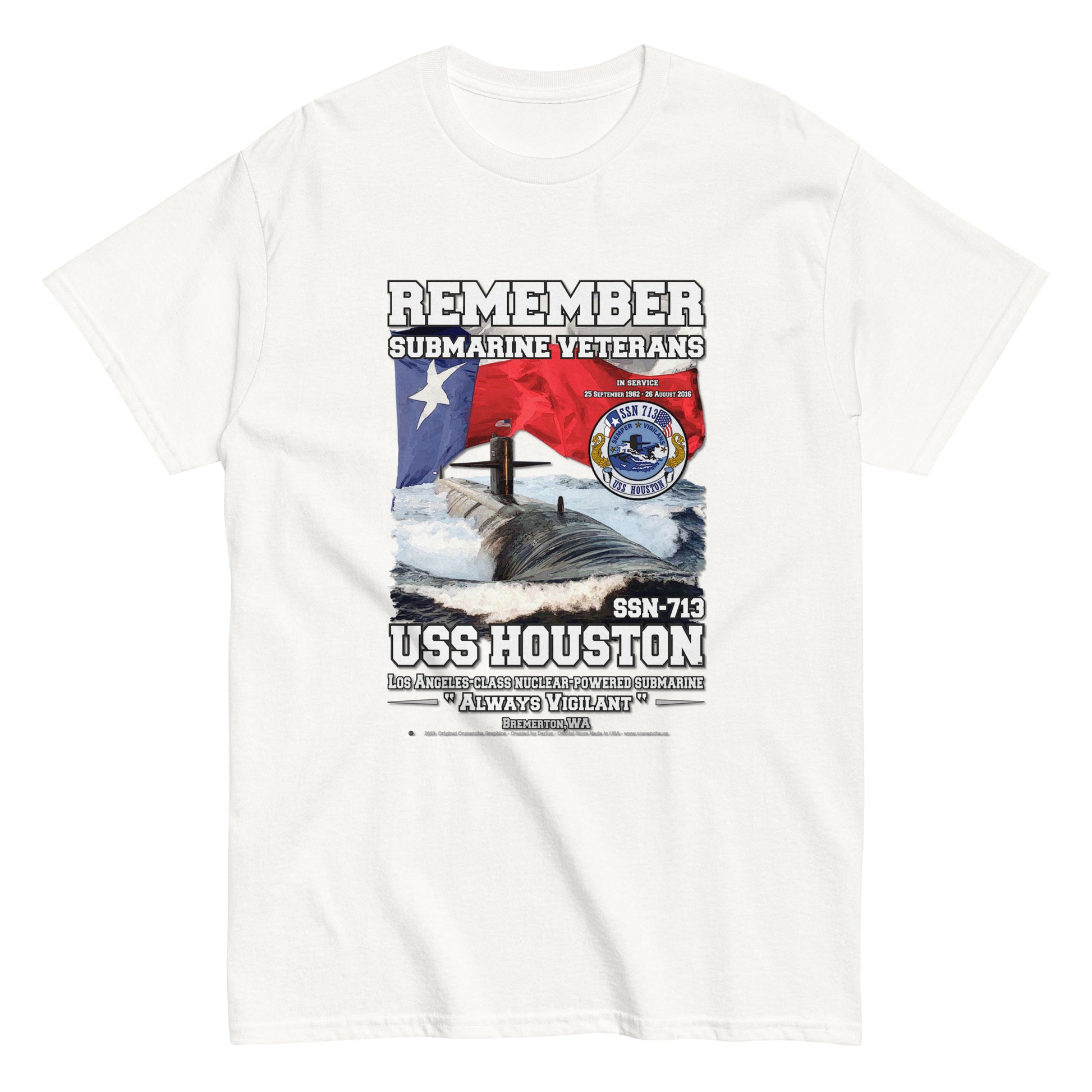 USS HOUSTON SSN-713 t-shirt, US NAVY Submarine T-Shirt, Submarine veterans T-shirts, Submarine Veterans Classic T-shirt, Comancha T-shirts,USS HOUSTON SSN-713 Submarine Veterans Classic T-shirt,Comancha US Navy Tees,