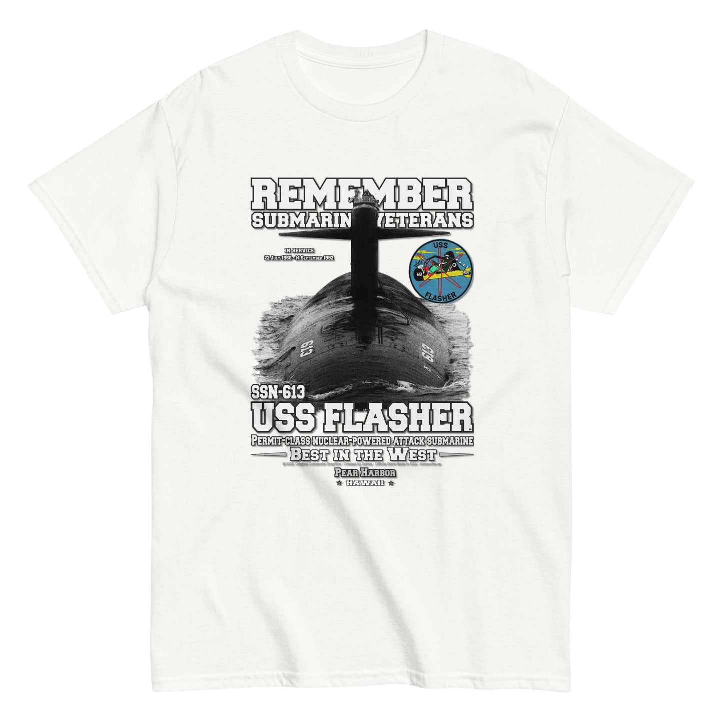 USS FLASHER tee, USS FLASHER veterans tee,USS FLASHER SSN-613 Submarine Veterans Classic Tee, Comancha Navy Design,